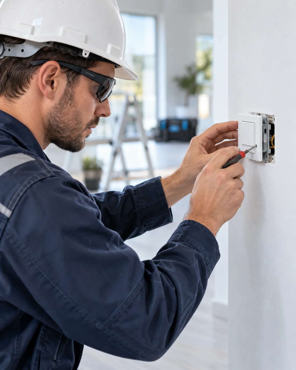 Elektriker mit Schutzhelm bei der Montage eines Wandschalters